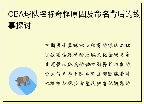 CBA球队名称奇怪原因及命名背后的故事探讨